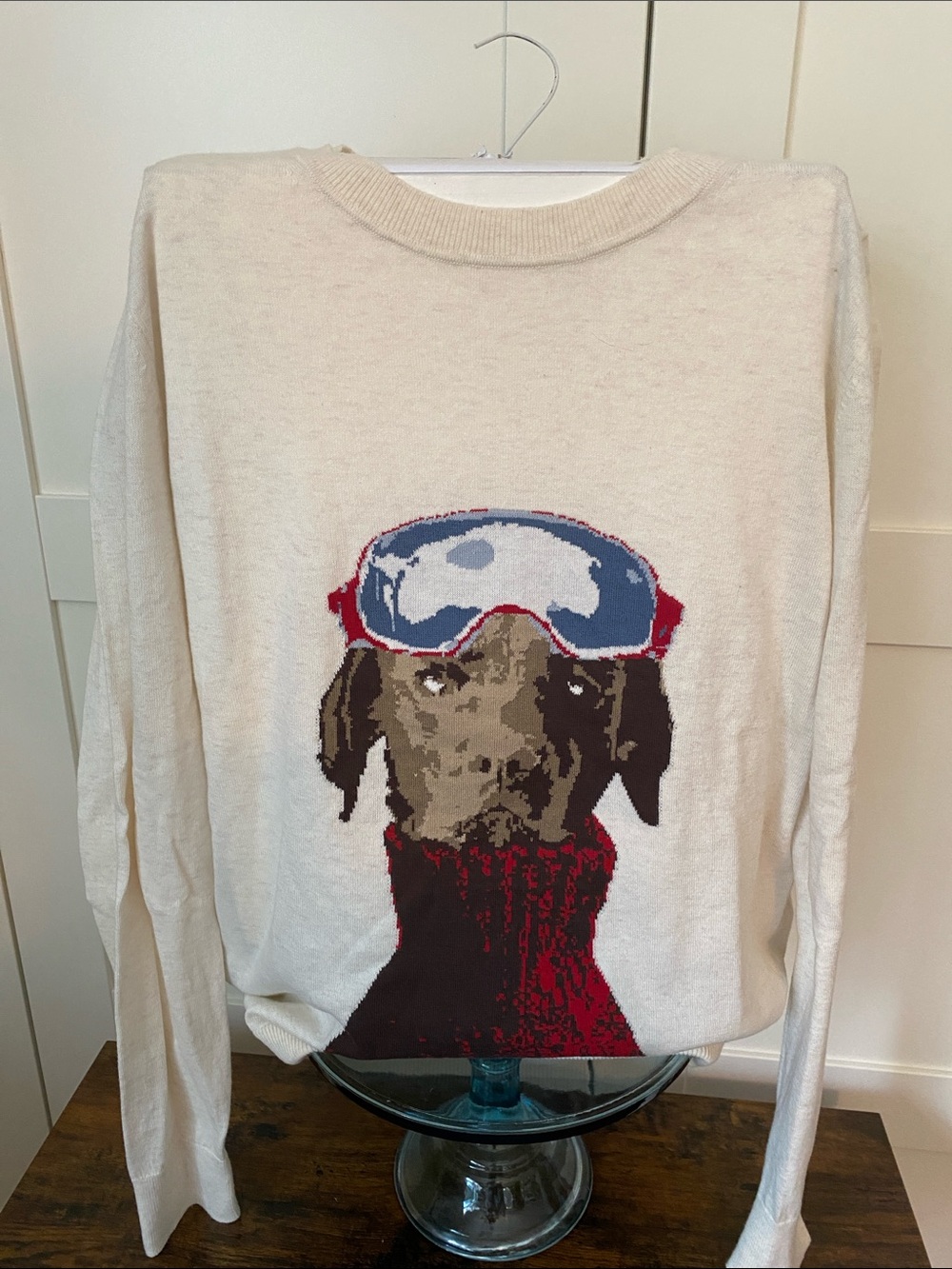 Banana Republic Cream Sweater with Dog ski Google Graphic in Blue, Red, Brown